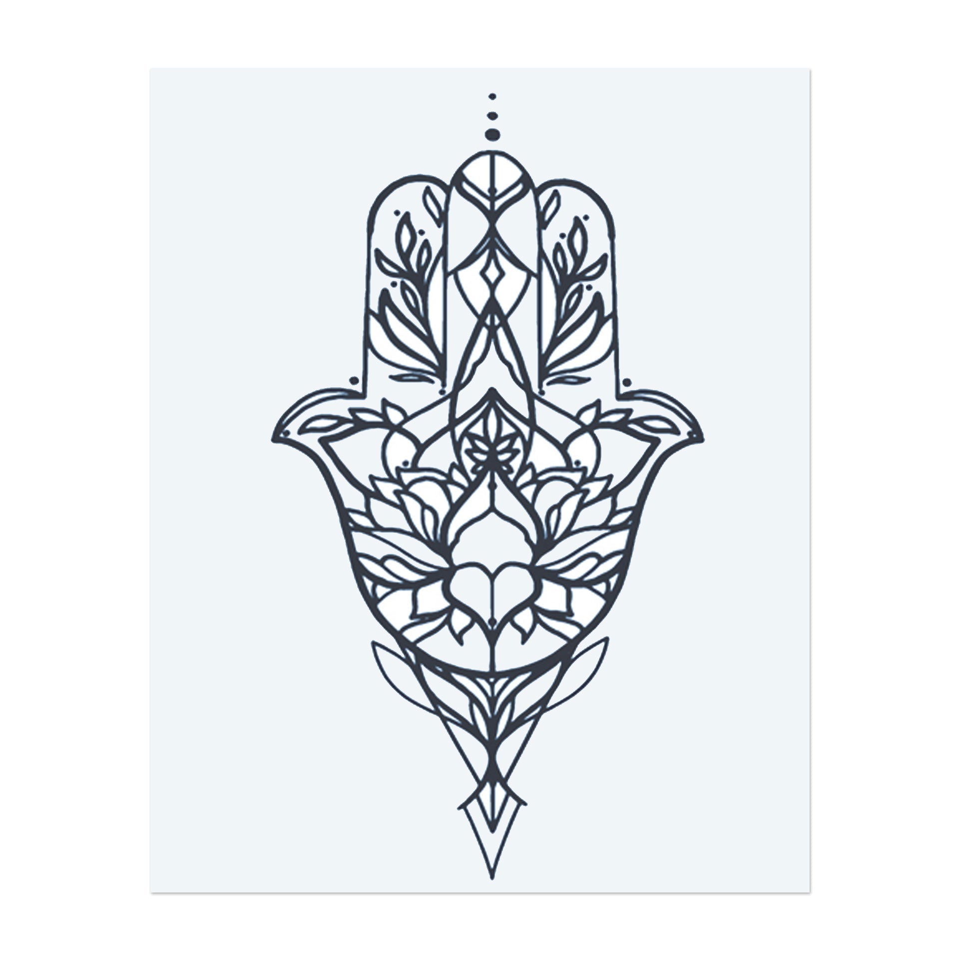 Eine Hamsa-Hand, gefüllt mit floralen Mustern. Dieses Symbol schützt vor Negativität und bringt Glück. Es ist ein bedeutungsvolles Design für Frieden und Schutz.