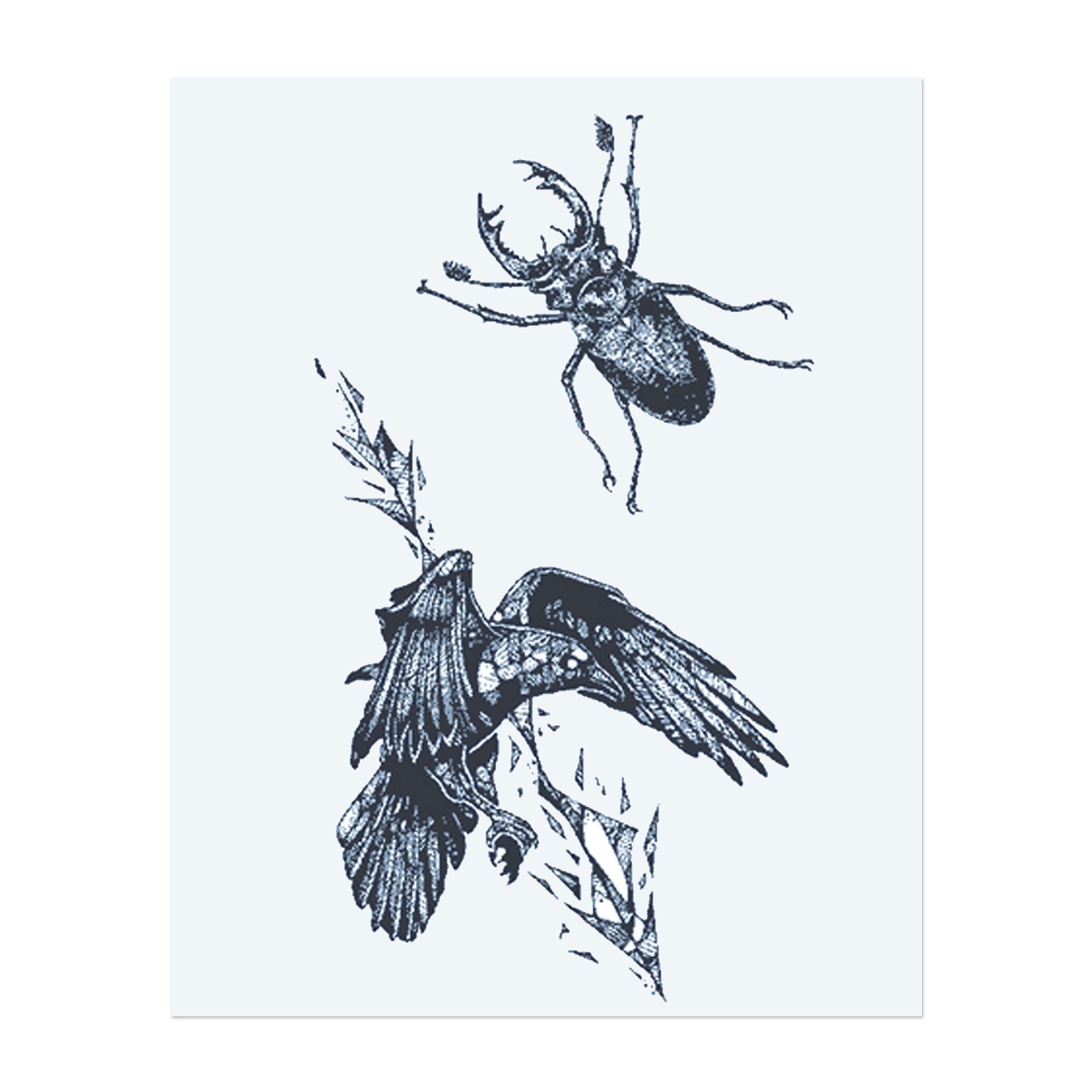 Ein zartes Tattoo mit einem Käfer, der fliegt, und einem Vogel, der durch die Luft schwebt, beide umgeben von Natur. Der Käfer symbolisiert Transformation, während der Vogel Freiheit und Wachstum symbolisiert. Ein perfektes Design für jemanden, der mit der Natur und Veränderung verbunden ist.