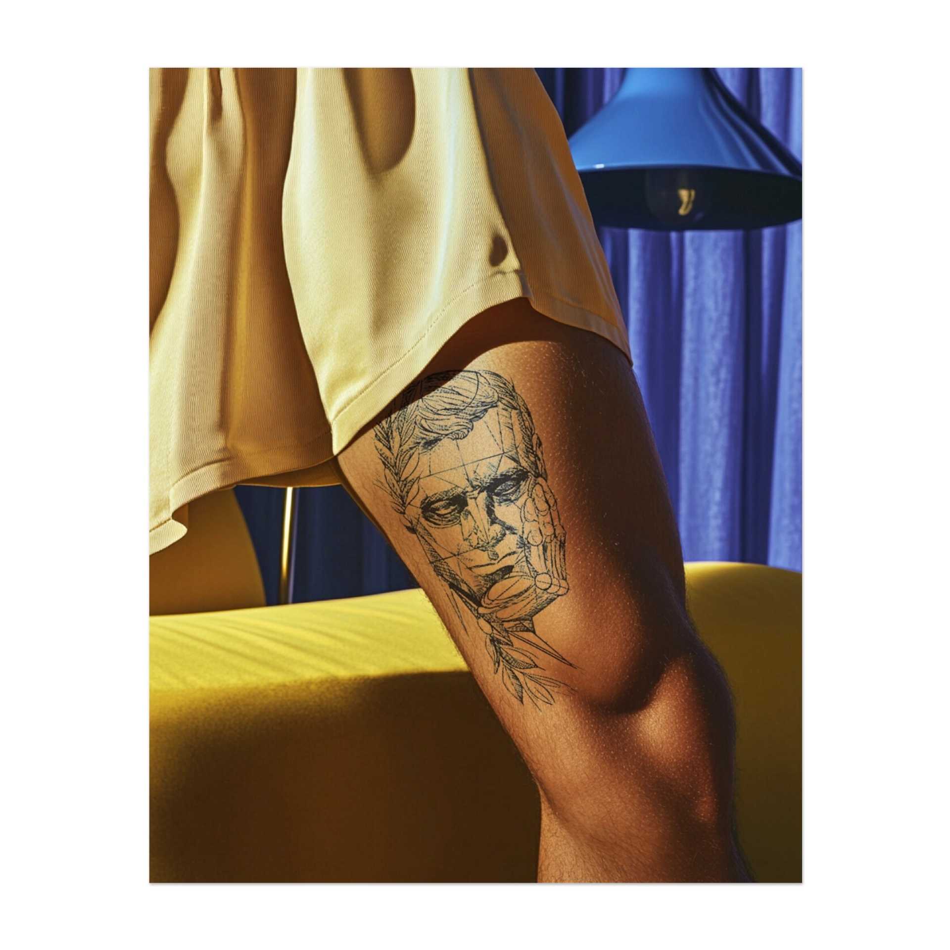 Ein geometrisches Tattoo eines nachdenklichen Gesichts mit kunstvollen Linien und einem Lorbeerkranz, das Weisheit, Intellekt und Introspektion symbolisiert. Dieses Design spiegelt das Gleichgewicht zwischen Stärke und Verwundbarkeit wider, perfekt für jemanden, der tiefes Nachdenken und persönliches Wachstum schätzt.