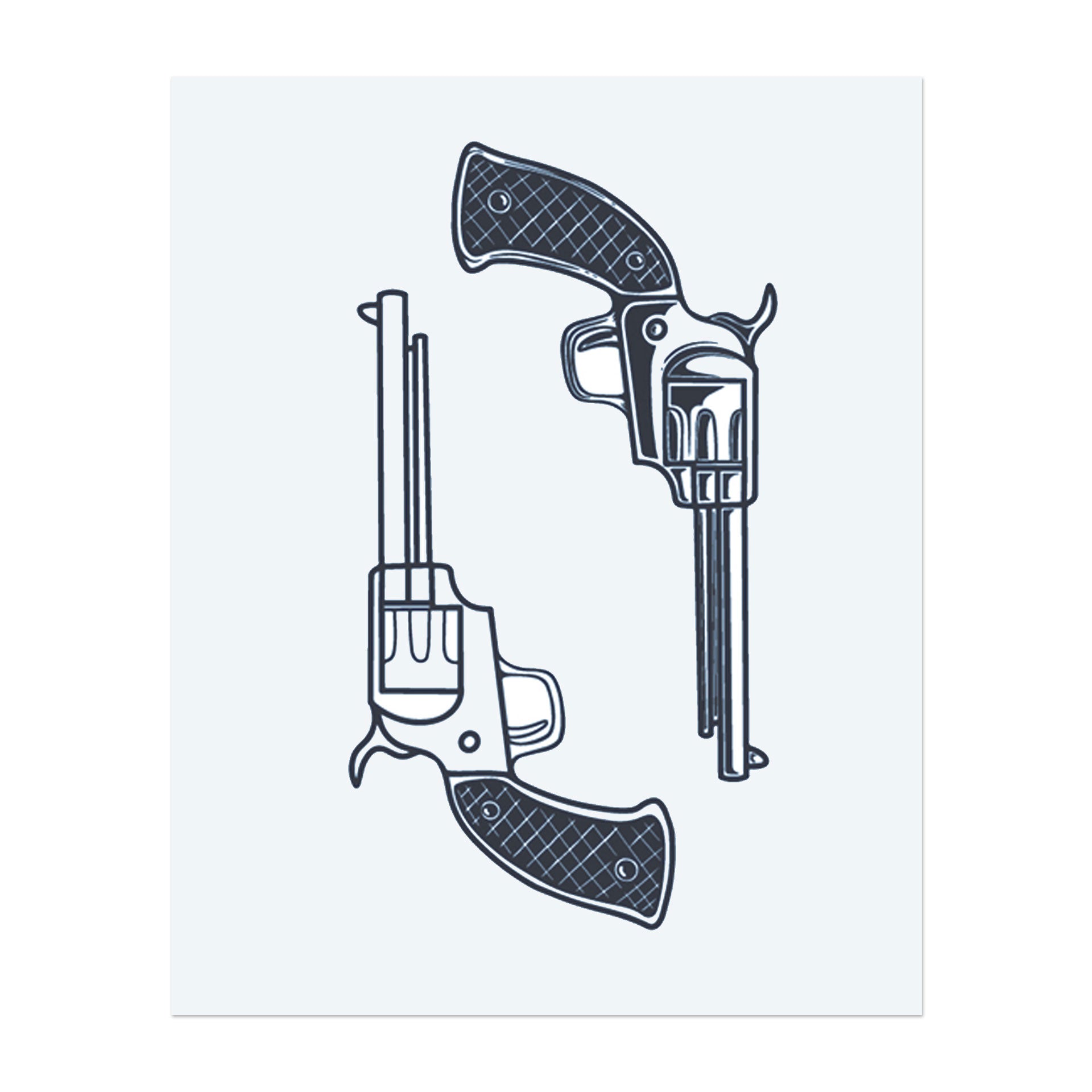 Zwei vintage Revolver, gestaltet mit kunstvollen Details. Diese Waffen symbolisieren Macht, Rebellion und den Wild-West-Spirit.