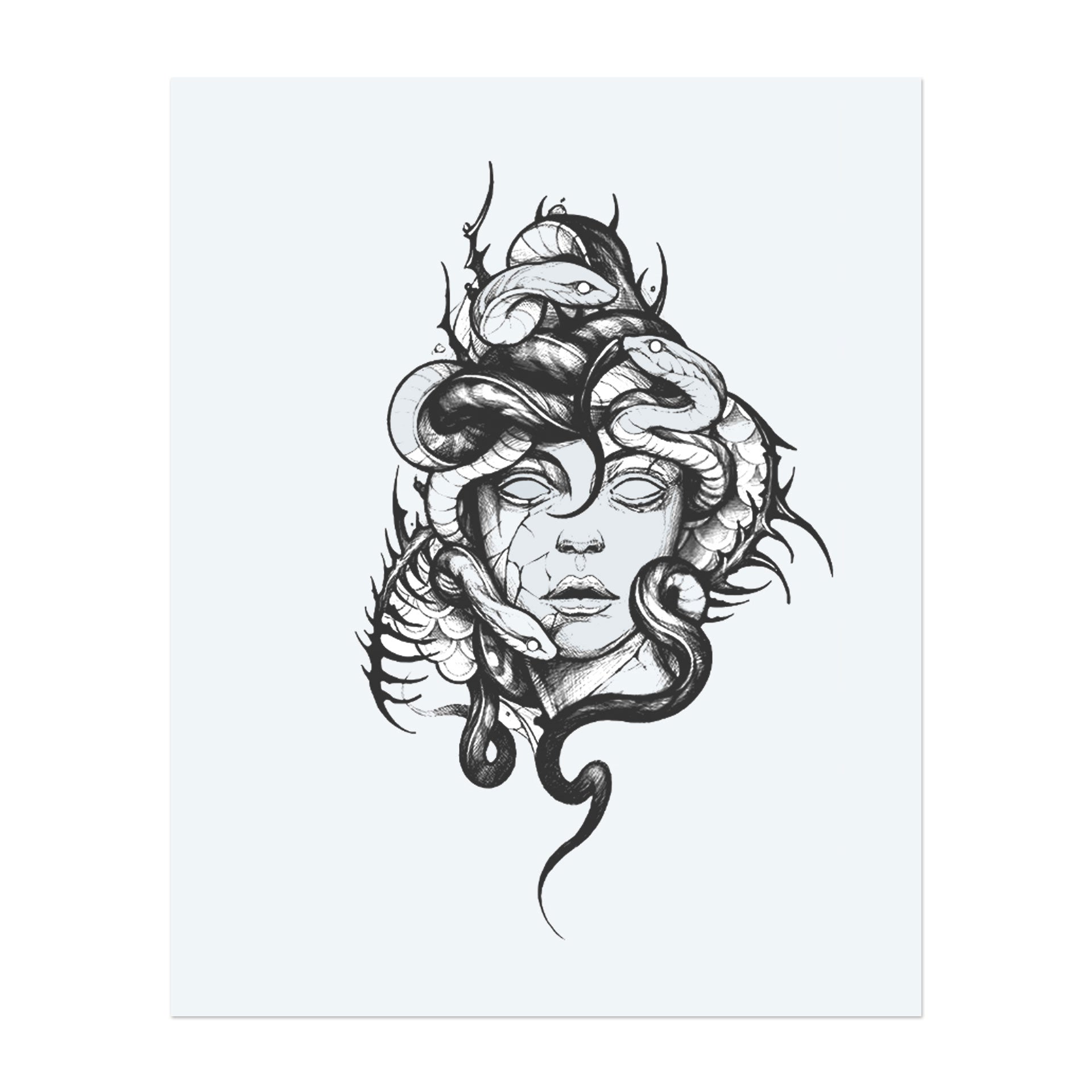 A haunting, Medusa-like figure with a stone face, cracked skin, and lifeless eyes is crowned with writhing serpents, symbolizing danger, power, and mysticism in a bold blackwork style.