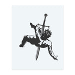 The dramatic silhouette of a figure pierced by a falling sword, symbolizing a warrior's sacrifice, defeat, or fall, rendered in bold, high-contrast black.</span></p>