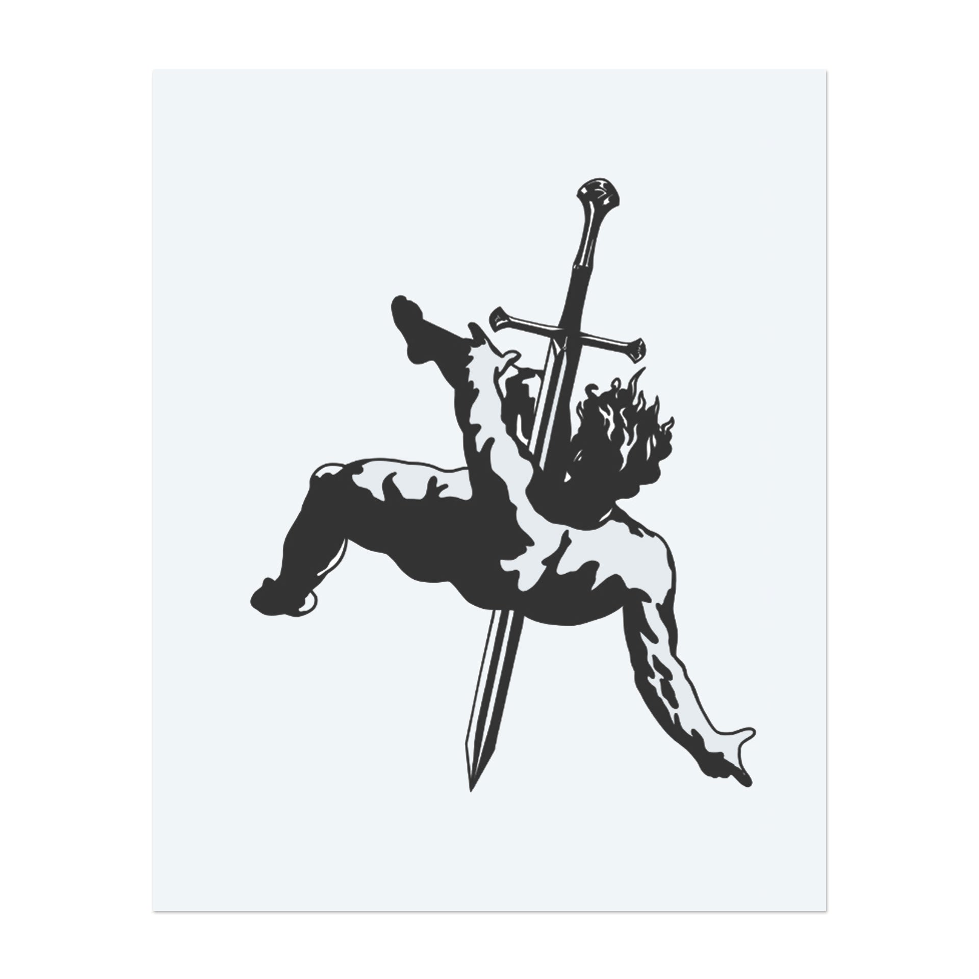 The dramatic silhouette of a figure pierced by a falling sword, symbolizing a warrior's sacrifice, defeat, or fall, rendered in bold, high-contrast black.</span></p>