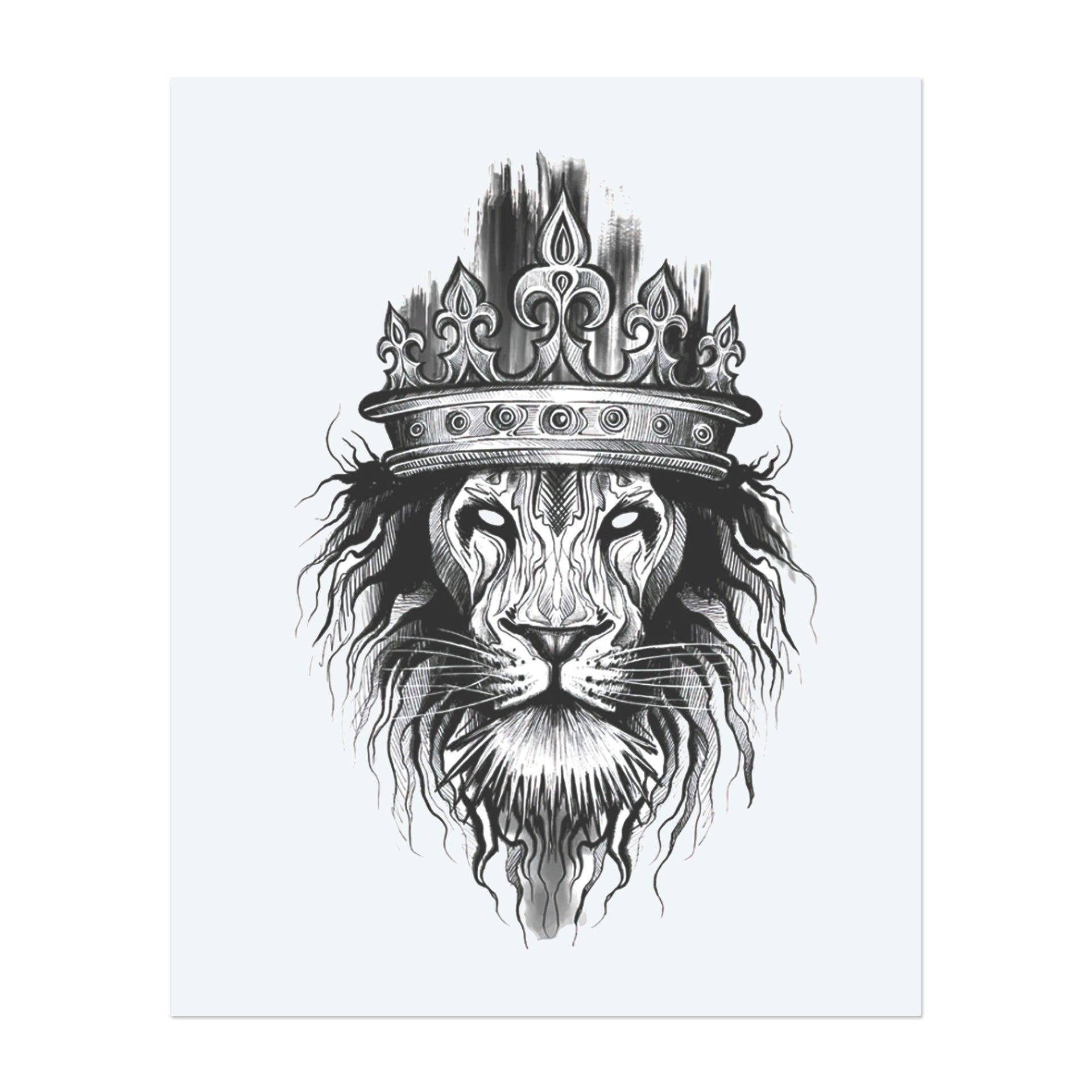 A ferocious lion stares ahead with regal intensity. His flowing mane and ornate crown symbolize strength, power, and leadership. Delicate lines give this design a majestic and commanding presence.</span></p>