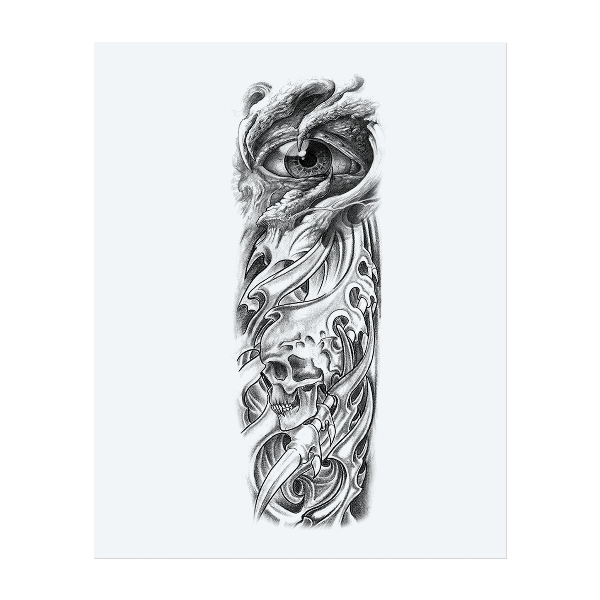 A haunting reptilian eye peers through swirling shadows above snarling skulls and baroque textures. Claw-like shapes pierce the design, merging death and vigilance into a gothic vision of fear and control. A bold, surreal masterpiece of dark elegance.