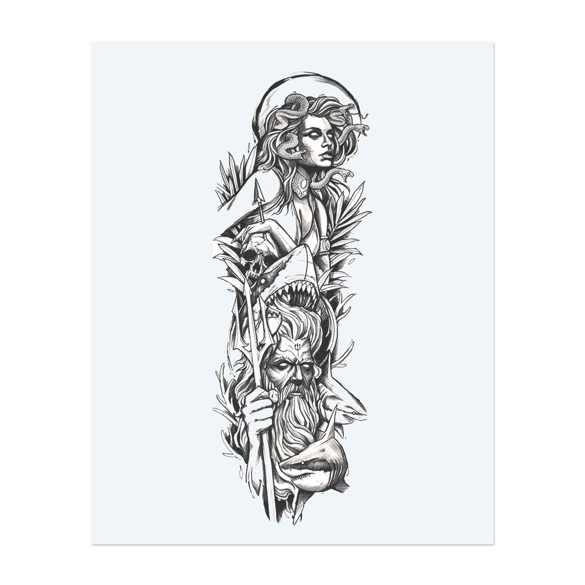 This tattoo is a powerful composition from Greek mythology and depicts Medusa with snake-like hair, a ferocious shark in the midst of battle, and Poseidon with his trident. Surrounded by marine flora, it embodies the mysticism, danger, and raw power of the ancient gods.</span></p>