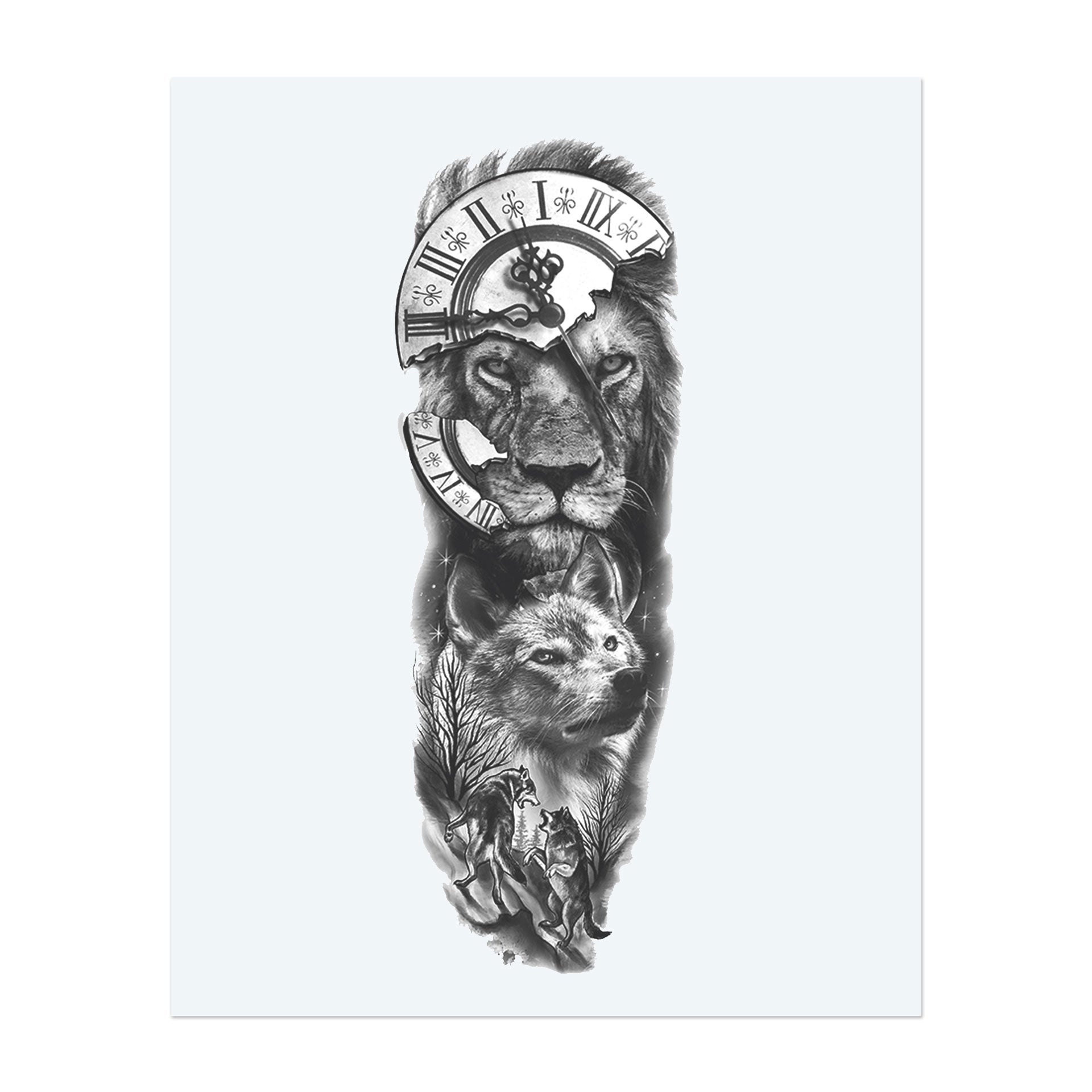 A majestic lion and a wise wolf characterize this design, framed by a broken clock with Roman numerals. Below them, wolves roam a moonlit forest. This tattoo symbolizes strength, instinct, and the inexorable passage of time through the hierarchy of nature.
