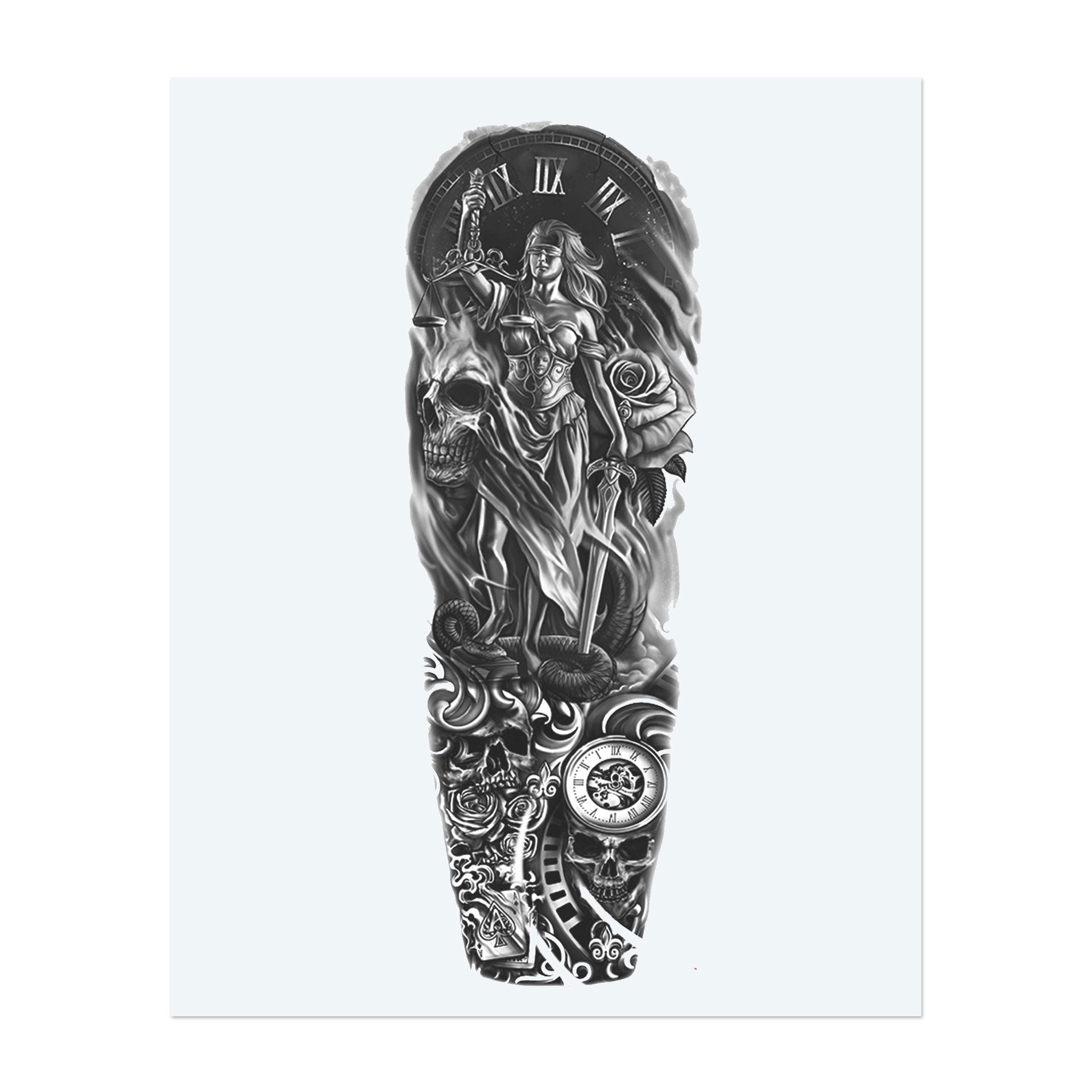 A blindfolded warrior stands with a sword, framed by a clock, skulls, and swirling roses. Snakes writhe at their feet, while clocks and Gothic ornaments spin beneath. This tattoo symbolizes justice, mortality, and the relentless power of fate.