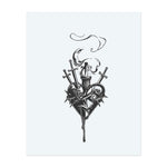 A bleeding heart, wrapped in thorns and pierced by swords, rises with rising smoke and a candle flame. This spectacular temporary tattoo evokes themes of sacrifice, perseverance, and spiritual struggle with hauntingly detailed gothic art.