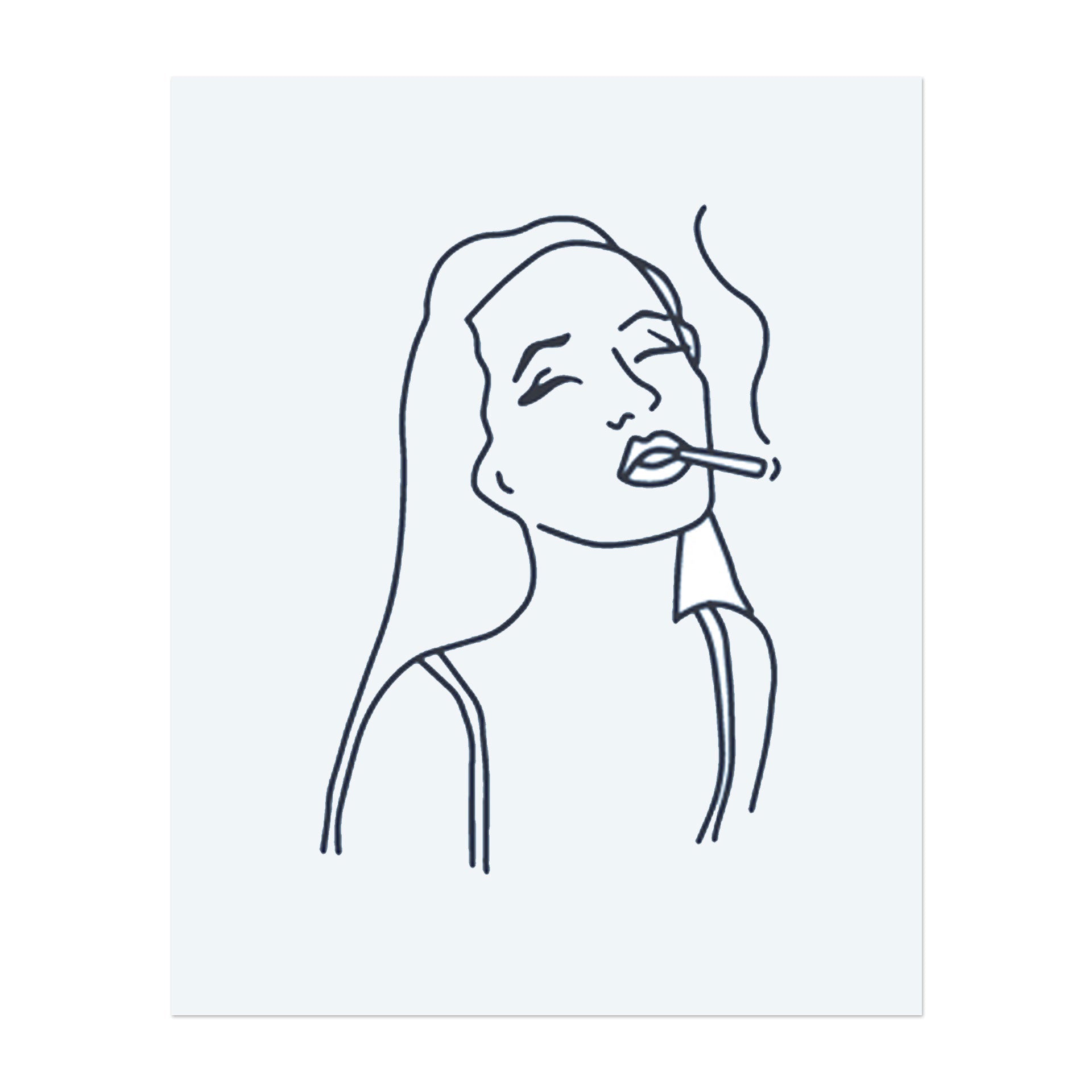 Ein Minimalistes Tattoo einer Frau mit einem entspannten Blick, die eine Zigarette raucht. Ihr langes Haar weht sanft, und der Rauch schlängelt sich in die Luft. Das Design ist in klaren, einfachen Linien gezeichnet, was ihm ein modernes, lässiges Gefühl verleiht.