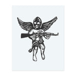 This design is an intense combination of innocence and war. It depicts a winged angel with a mask and a rifle. The stark contrast between the divine figure and the weapons creates a bold and provocative symbol of rebellion and conflict.