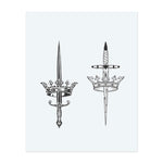Two detailed swords pierce royal crowns, symbolizing power, sacrifice, and sovereignty. This mirrored temporary tattoo design combines medieval elegance and precision, perfect for a bold and elegant statement.