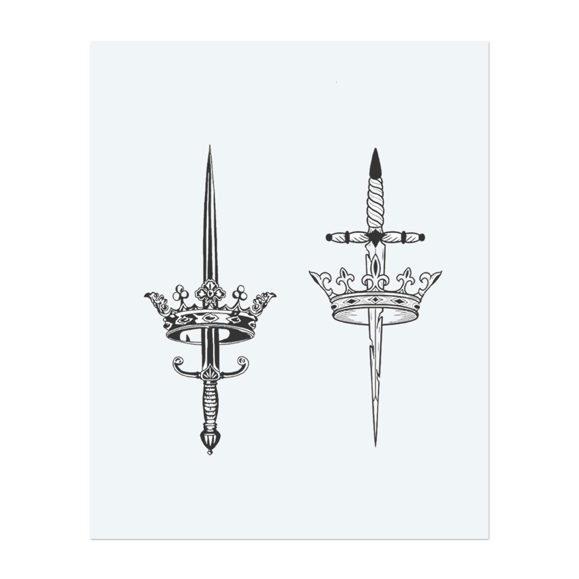 Two detailed swords pierce royal crowns, symbolizing power, sacrifice, and sovereignty. This mirrored temporary tattoo design combines medieval elegance and precision, perfect for a bold and elegant statement.