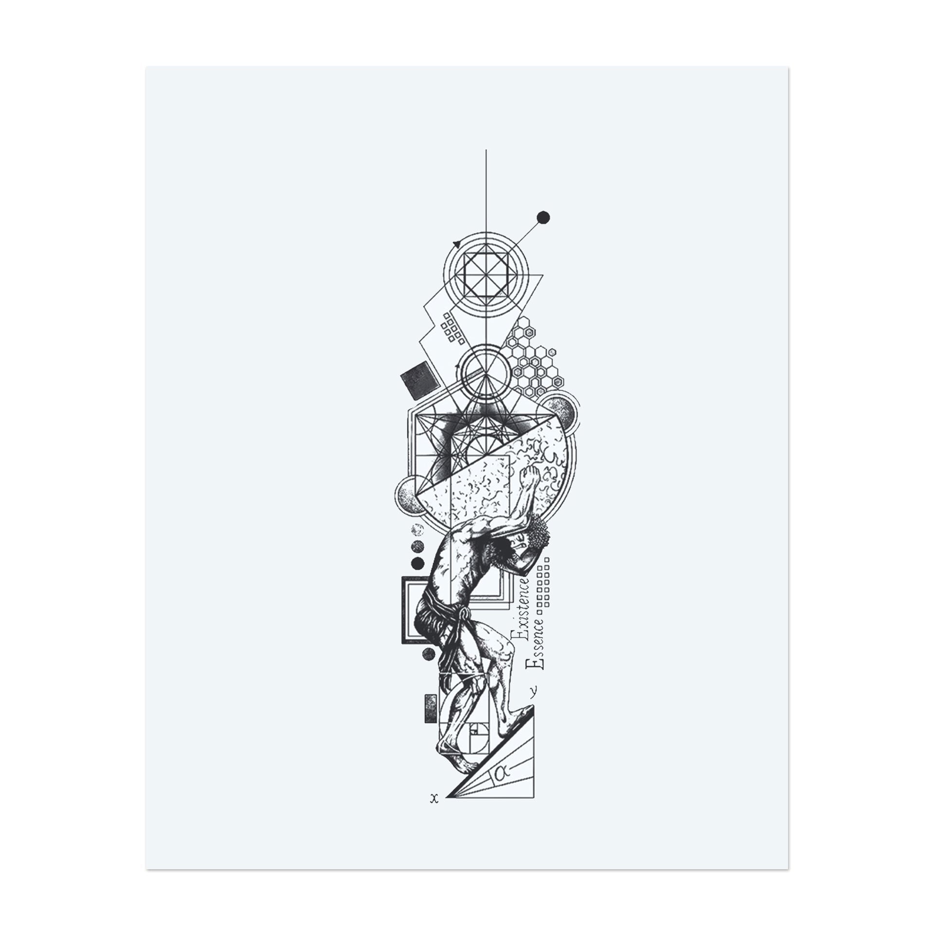 A muscular figure pushes upwards a textured sphere, surrounded by complex geometric shapes, mathematical symbols, and abstract elements. This temporary tattoo combines classical anatomy with scientific precision and symbolizes the struggle for knowledge, order, and human endurance.