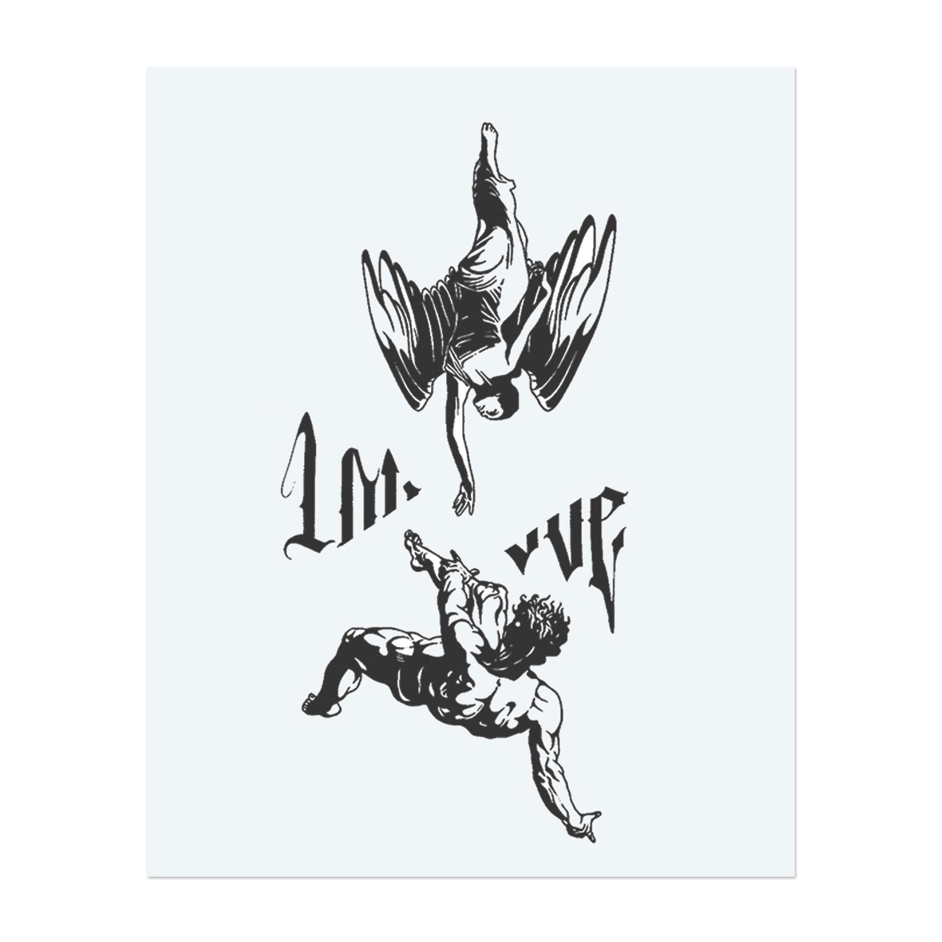 An angel descends from above, while a muscular figure rises from below. Their hands reach toward each other over stylized Gothic script. This powerful composition captures the tension between heaven and earth, redemption and struggle.