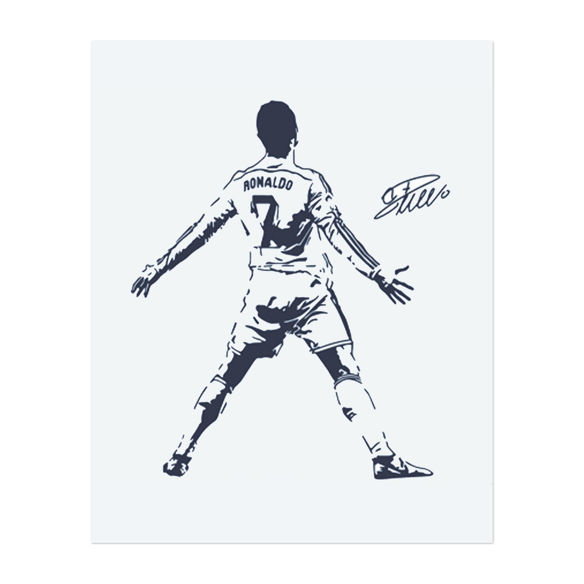 Cristiano Ronaldo in der "SUIII"-Position, die Stärke und Entschlossenheit symbolisiert. Dieses Tattoo repräsentiert Exzellenz, Ehrgeiz und harte Arbeit, ideal für diejenigen, die seine Hingabe bewundern, der Beste zu sein.