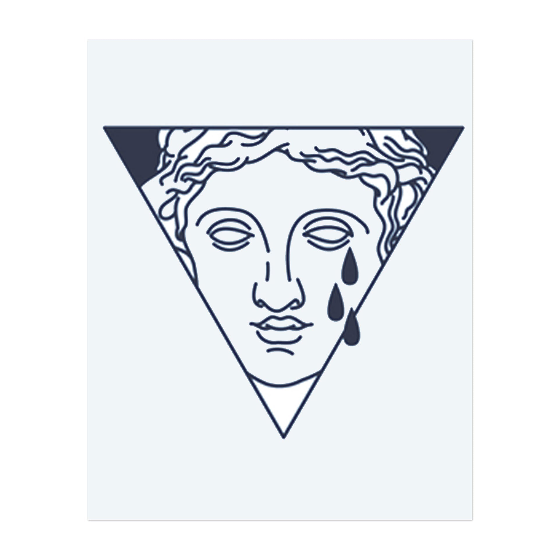 Ein klassisches Femininees Gesicht in einem Dreieck mit Tränen. Es repräsentiert Trauer, künstlerische Inspiration oder tragische Schönheit. Ein auffälliges, symbolisches Design.