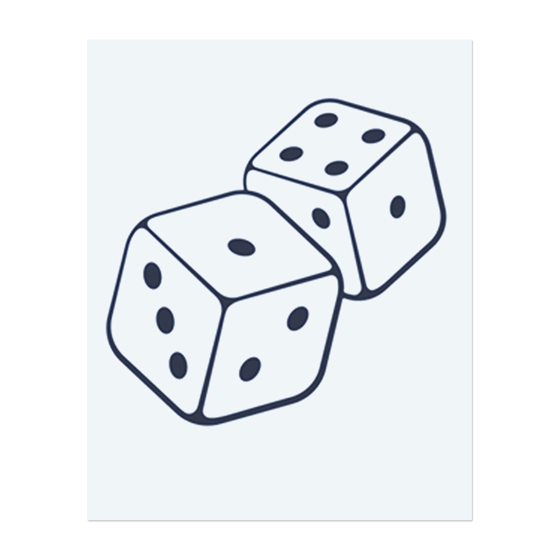 Zwei Würfel, die mitten im Wurf sind, symbolisieren Zufall, Schicksal und die unvorhersehbare Natur des Lebens. Es repräsentiert Risiko, Glück und das Abenteuer, Chancen zu ergreifen.