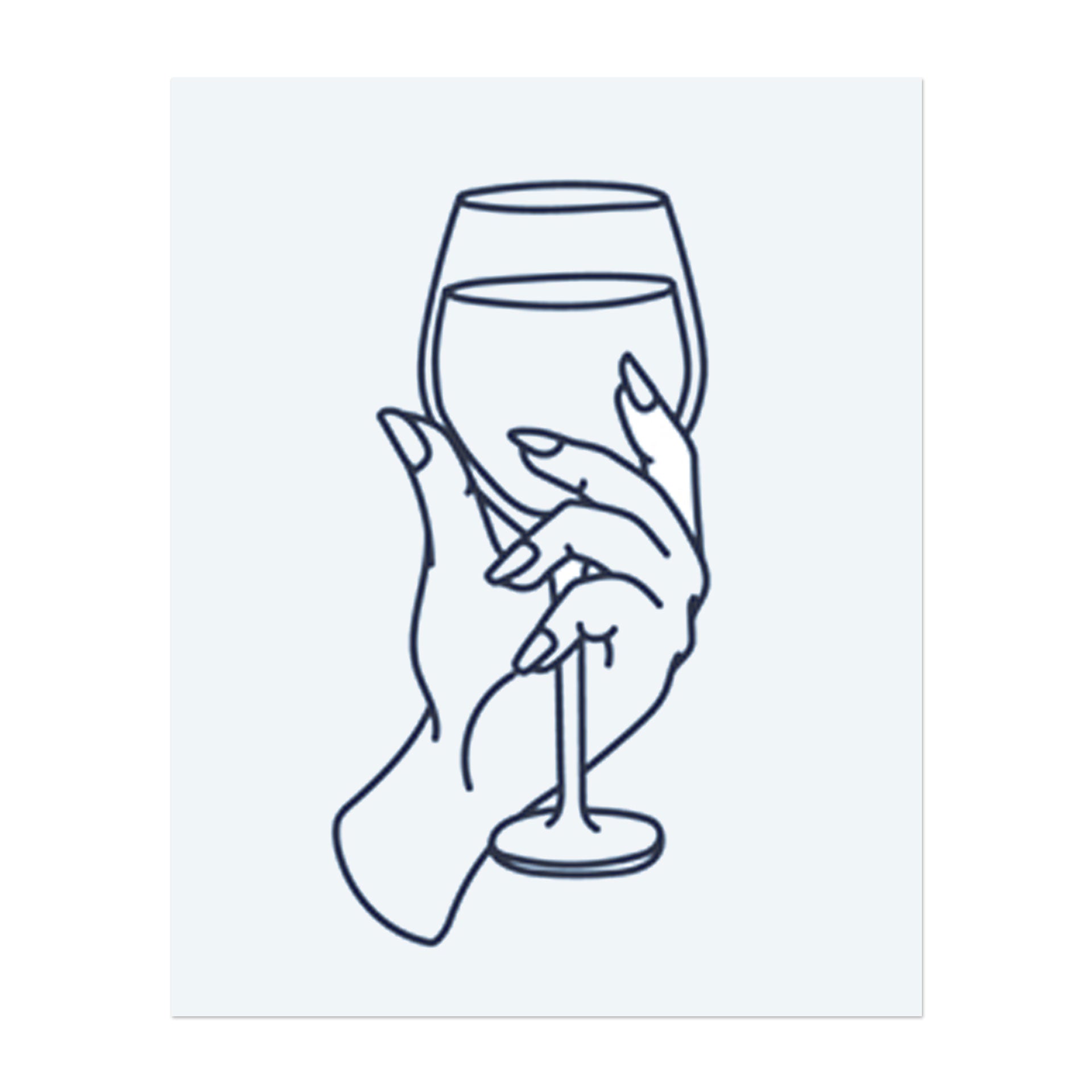 Eine Hand, die ein Weinglas hält. Es repräsentiert Feier, Eleganz oder einen Moment des Genusses. Ein einfaches, aber raffiniertes Design.