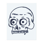 Ein cartoonhafter Totenschädel mit übertriebenen Merkmalen. Er repräsentiert Humor, einen spielerischen Umgang mit Sterblichkeit oder einen einzigartigen Stil. Ein markantes und leichtfüßiges Design.