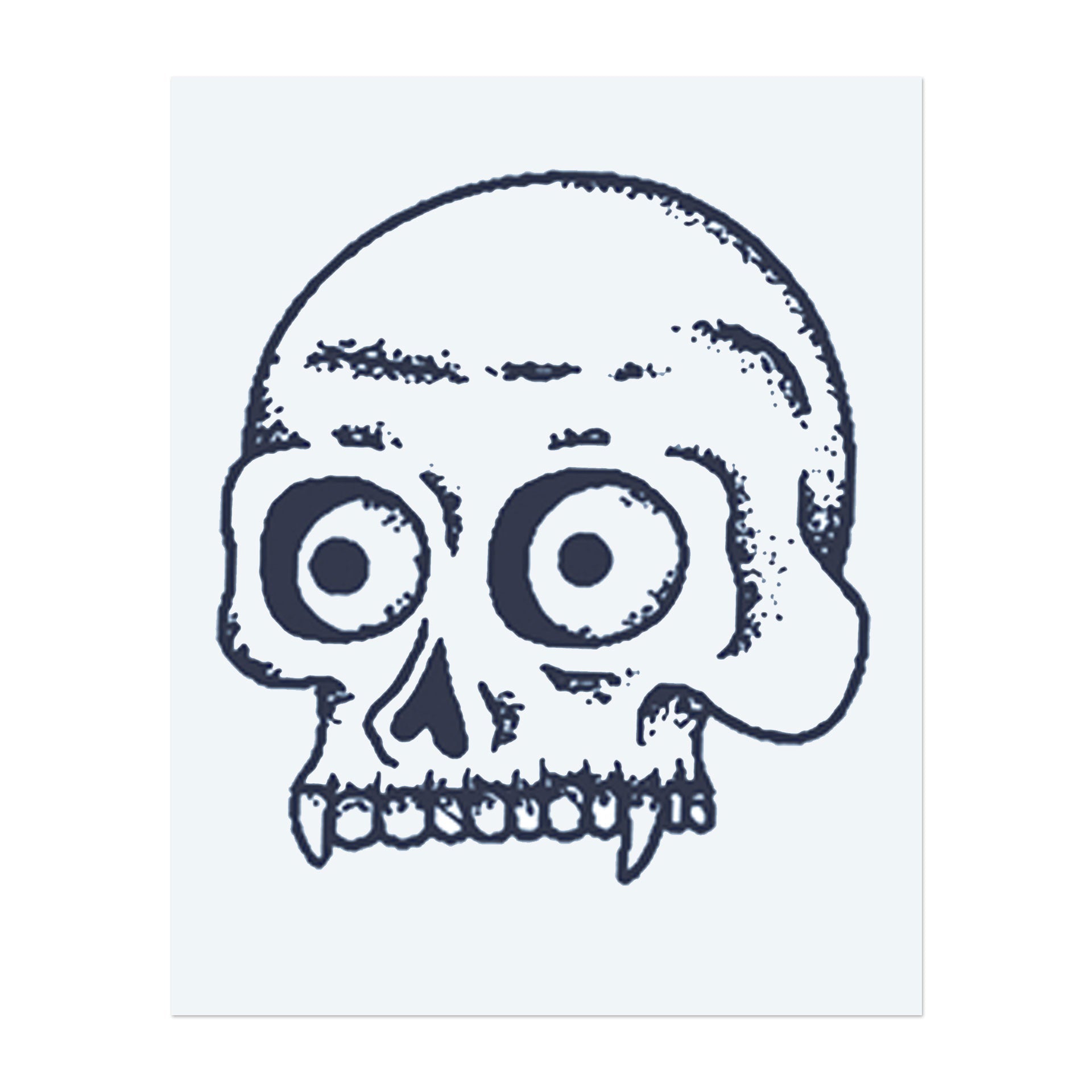 Ein cartoonhafter Totenschädel mit übertriebenen Merkmalen. Er repräsentiert Humor, einen spielerischen Umgang mit Sterblichkeit oder einen einzigartigen Stil. Ein markantes und leichtfüßiges Design.