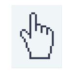 Ein pixelhafter Hand-Cursor. Er symbolisiert Technologie, digitale Interaktion oder eine nostalgische Anspielung auf frühe Computergrafiken.