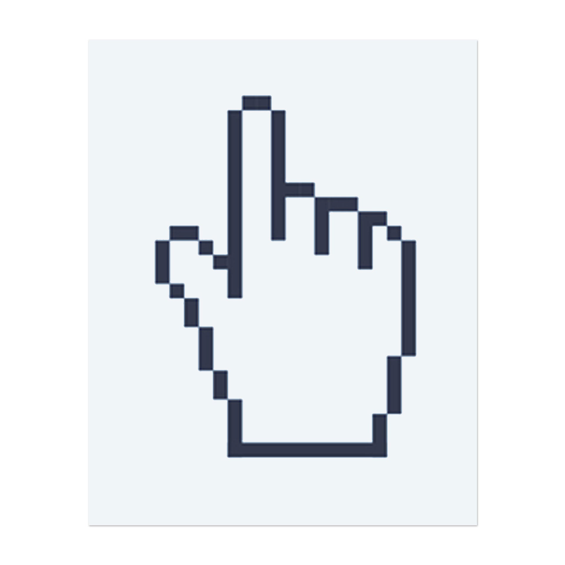 Ein pixelhafter Hand-Cursor. Er symbolisiert Technologie, digitale Interaktion oder eine nostalgische Anspielung auf frühe Computergrafiken.