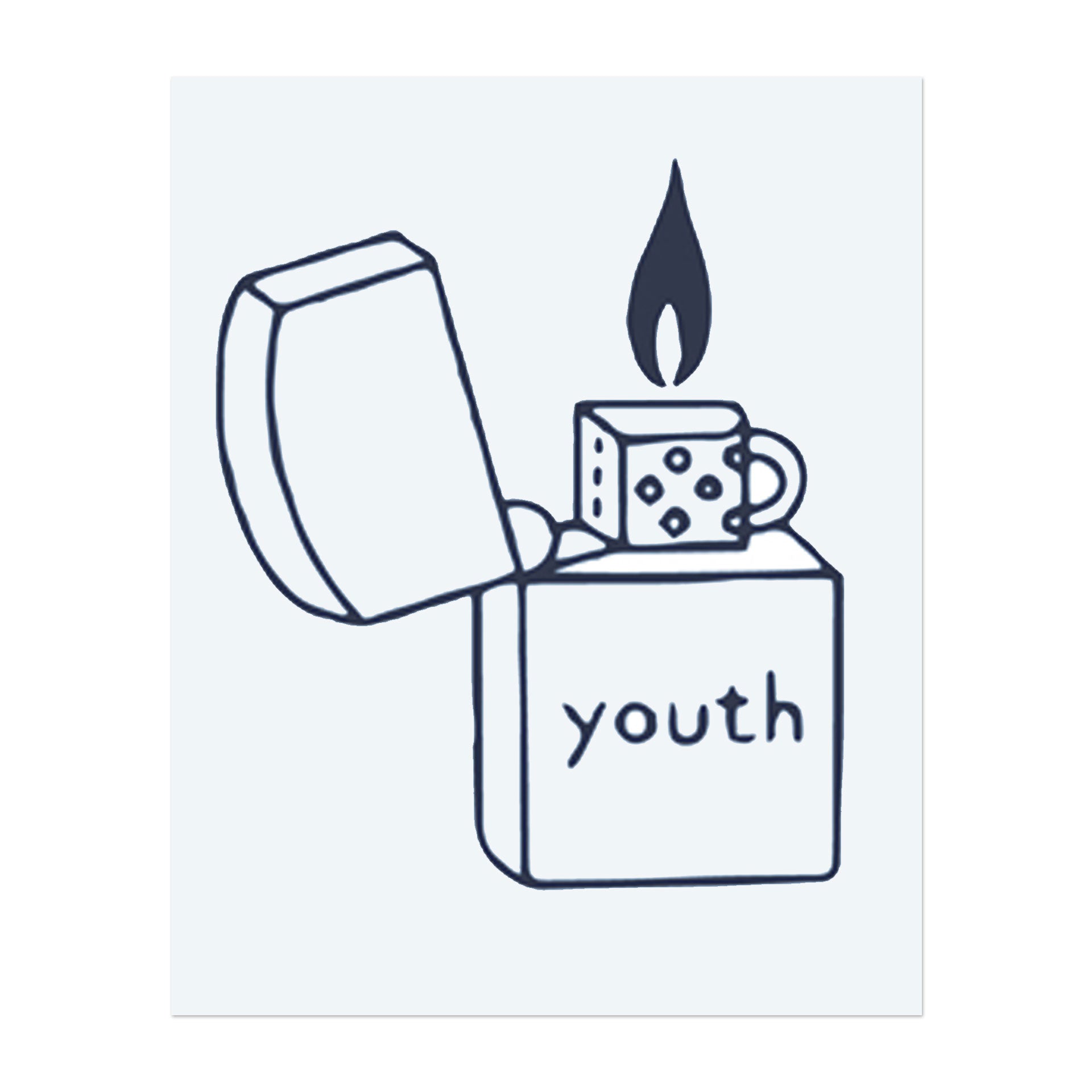 Ein Feuerzeug mit einer Tasse obendrauf, beschriftet mit "youth". Es symbolisiert Rebellion, flüchtige Momente oder jugendliche Energie.