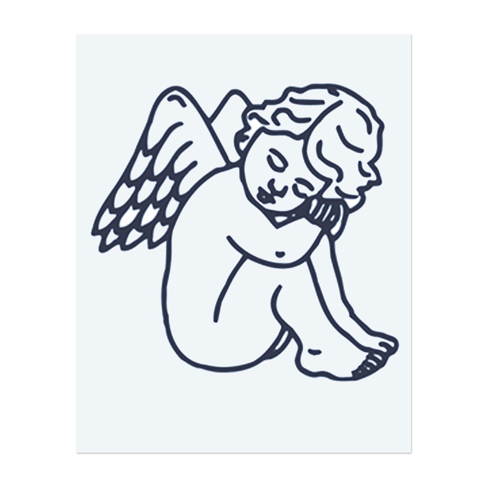 Ein Cherub mit gebeugter Haltung und gesenktem Gesicht. Es repräsentiert Trauer, Verletzlichkeit oder eine melancholische Sicht auf Engel.