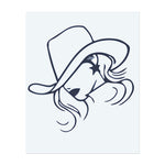 Ein Profil einer Frau mit Cowboyhut und einem Stern auf ihrer Wange. Es symbolisiert den westlichen Stil, Unabhängigkeit oder einen Hauch von Glamour.
