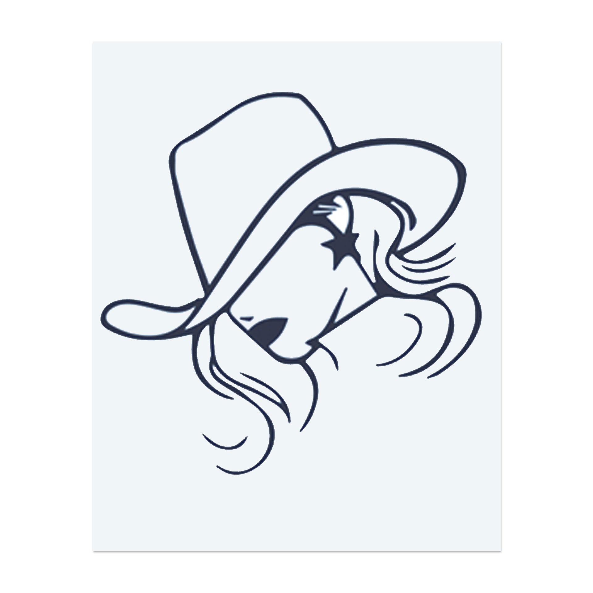 Ein Profil einer Frau mit Cowboyhut und einem Stern auf ihrer Wange. Es symbolisiert den westlichen Stil, Unabhängigkeit oder einen Hauch von Glamour.