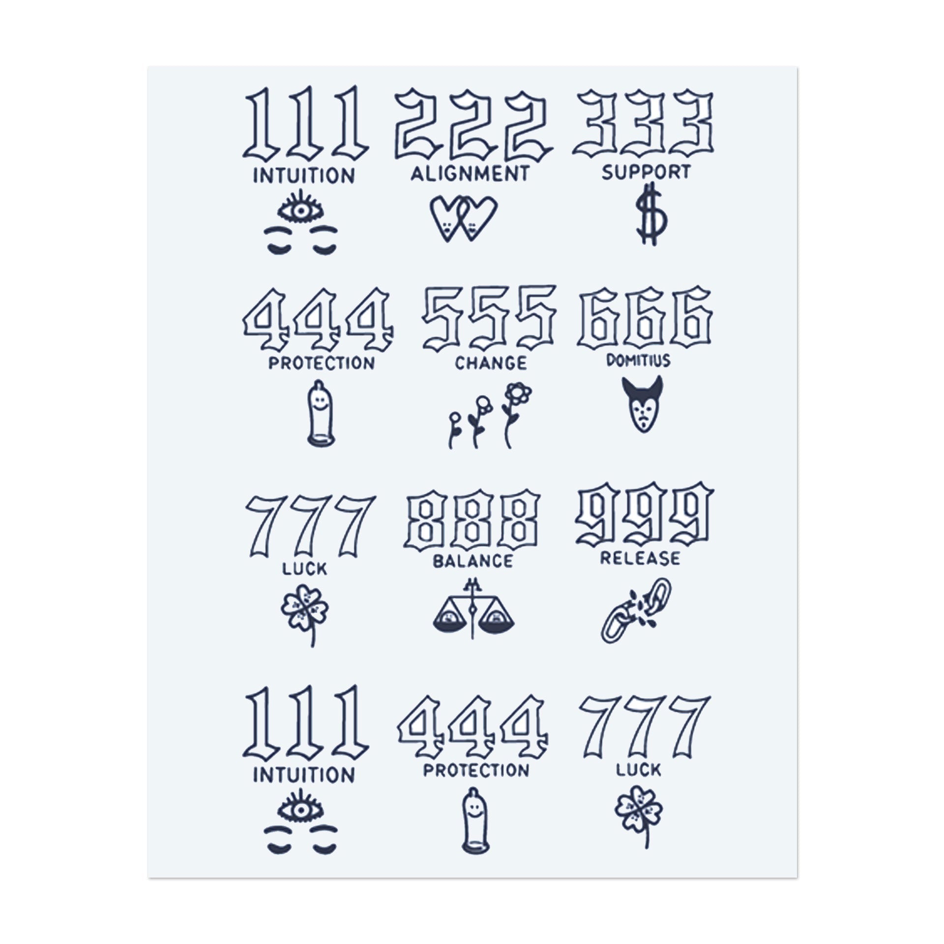 111 (Intuition), 222 (Ausrichtung), 333 (Unterstützung), 444 (Schutz), 555 (Veränderung), 666 (Domitus), 777 (Glück), 888 (Balance), 999 (Loslassen). Jede Zahl repräsentiert eine einzigartige leitende Kraft für persönliches Wachstum.