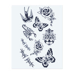 Ein Bündel kontrastreicher Symbole: fliegende Schwalben, ein Skorpion, lebendige Schmetterlinge, blühende Rosen und ein Marienkäfer. Diese Designs vereinen die Schönheit der Natur mit Gefahr und fangen Themen wie Freiheit, Transformation und Stärke ein.