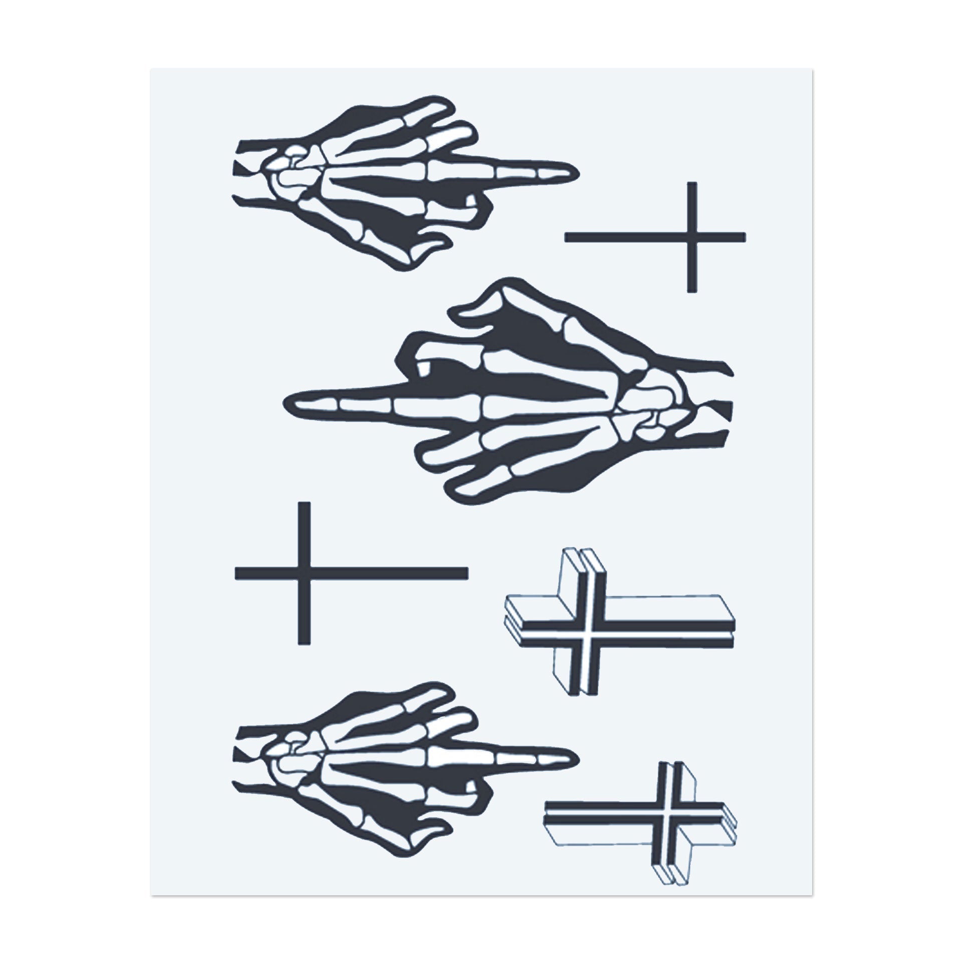Ein rebellisches Tattoo, das Skelett-Hände zeigt, die den Mittelfinger zeigen, kombiniert mit Kreuzen. Das Design mischt dunklen Humor mit symbolischen religiösen Elementen und macht eine kühne Aussage von Widerstand und Individualität. Ideal für jemanden, der es liebt, Grenzen zu überschreiten.