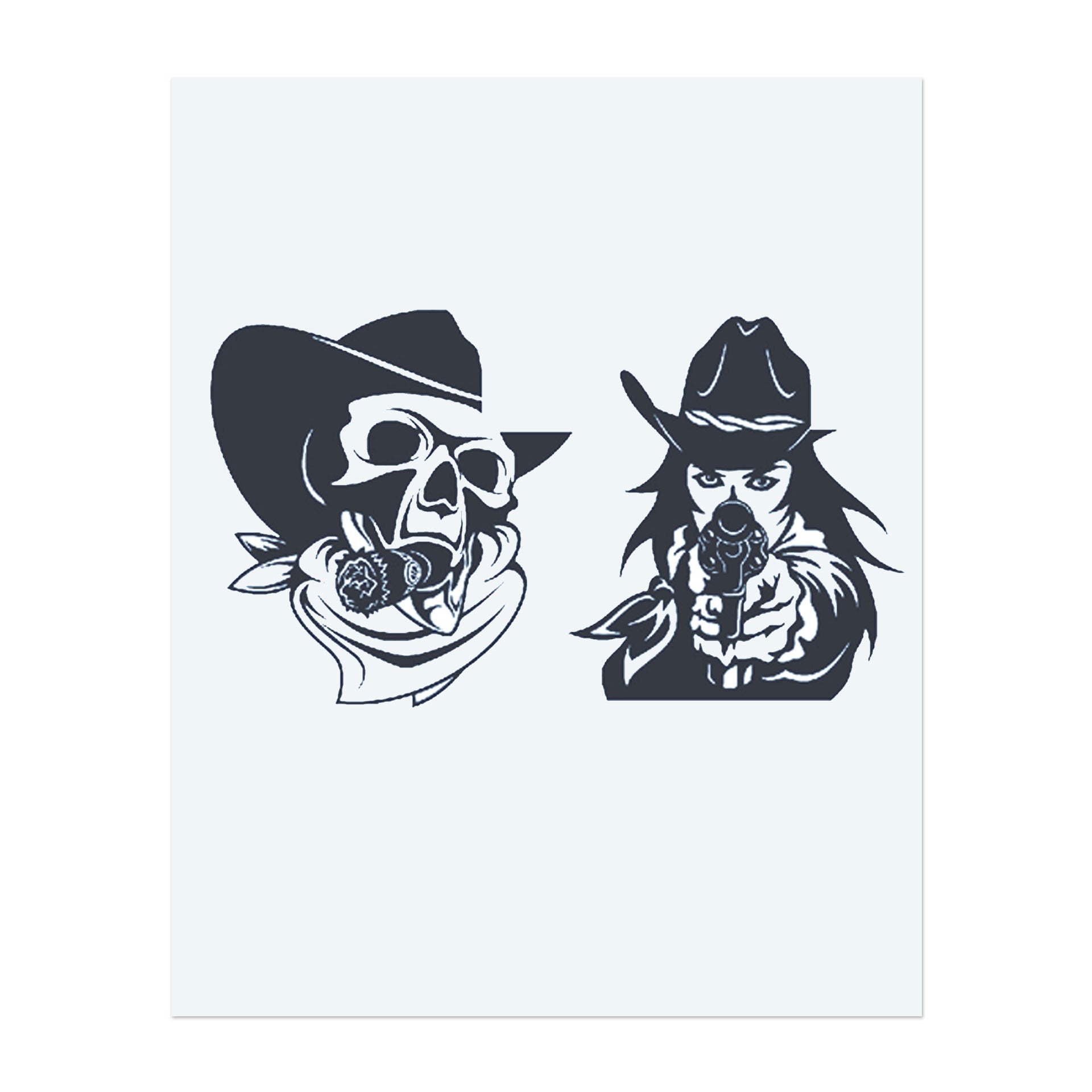 Zwei Figuren, beide mit Hüten und Waffen, eine mit einer Rose und die andere mit einem Totenschädel und einer Zigarre. Diese Designs repräsentieren das Gleichgewicht zwischen Härte und Schönheit und fangen den rebellischen Geist sowie die Dualität von Leben und Tod ein. Perfekt für jemanden, der sowohl Stärke als auch Geheimnis umarmt.