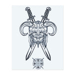 Ein furchterregendes Tattoo des Gesichts eines Wikinger-Kriegers mit zwei gekreuzten Schwertern darunter. Das Design repräsentiert Stärke, Ehre und Tapferkeit und symbolisiert den Geist eines Kriegers, der bereit ist zu kämpfen. Perfekt für jemanden, der Mut, Kampf und nordische Herkunft umarmt.
