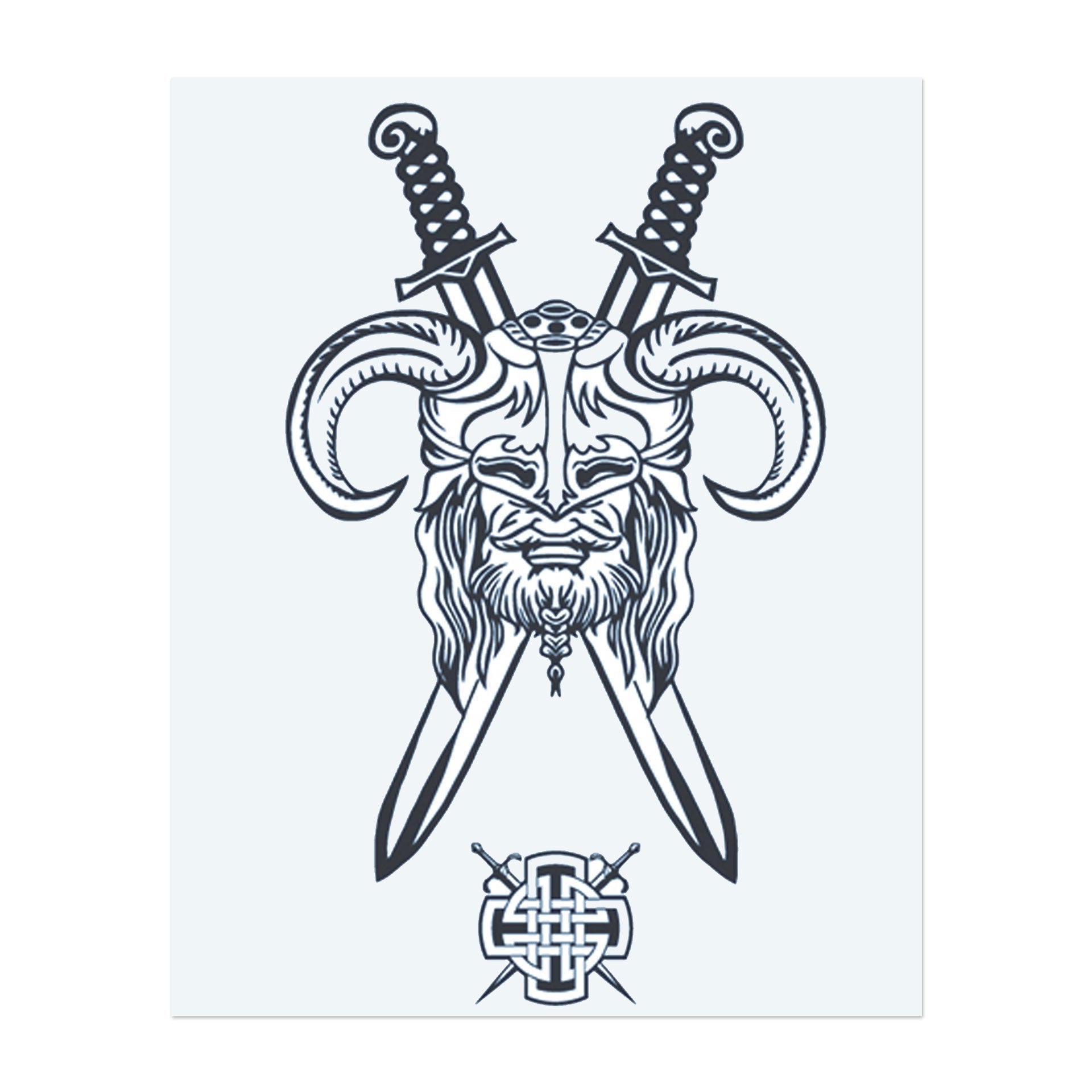 Ein furchterregendes Tattoo des Gesichts eines Wikinger-Kriegers mit zwei gekreuzten Schwertern darunter. Das Design repräsentiert Stärke, Ehre und Tapferkeit und symbolisiert den Geist eines Kriegers, der bereit ist zu kämpfen. Perfekt für jemanden, der Mut, Kampf und nordische Herkunft umarmt.