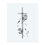 A minimalist black line tattoo depicting an ornate sword entwined with blooming roses and falling petals, symbolizing beauty and strength in balance.</span></p>