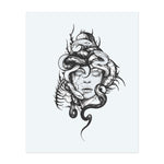 A haunting, Medusa-like figure with a stone face, cracked skin, and lifeless eyes is crowned with writhing serpents, symbolizing danger, power, and mysticism in a bold blackwork style.