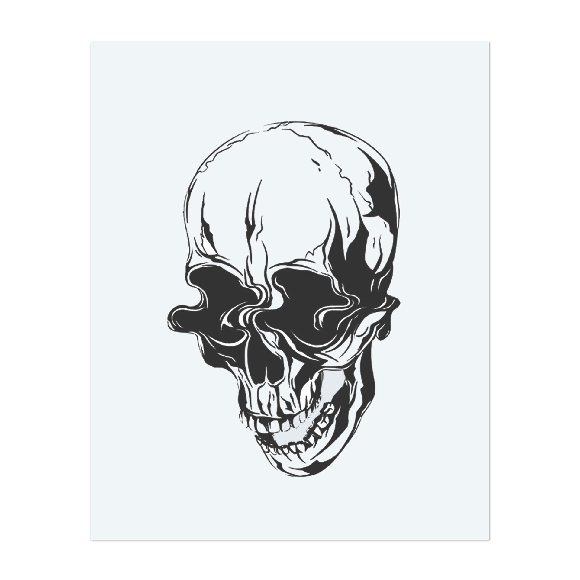 This design is a surreal interpretation of the classic skull. It features fluid, distorted eye sockets and deep shadows that create a haunting, distorted effect. Perfect for bold styles and unusual, unconventional looks.