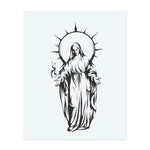 A serene, robed figure radiates divine energy beneath a radiant halo, hands open in a gesture of peace. Bold lines and gentle curves create a powerful, spiritual presence and evoke purity and protection.