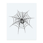 A striking black spider rests at the center of an intricate web. Its abdomen is marked with a distinctive Gothic cross. This temporary tattoo combines eerie elegance with symbolic clarity, perfect for a mysterious and bold statement.