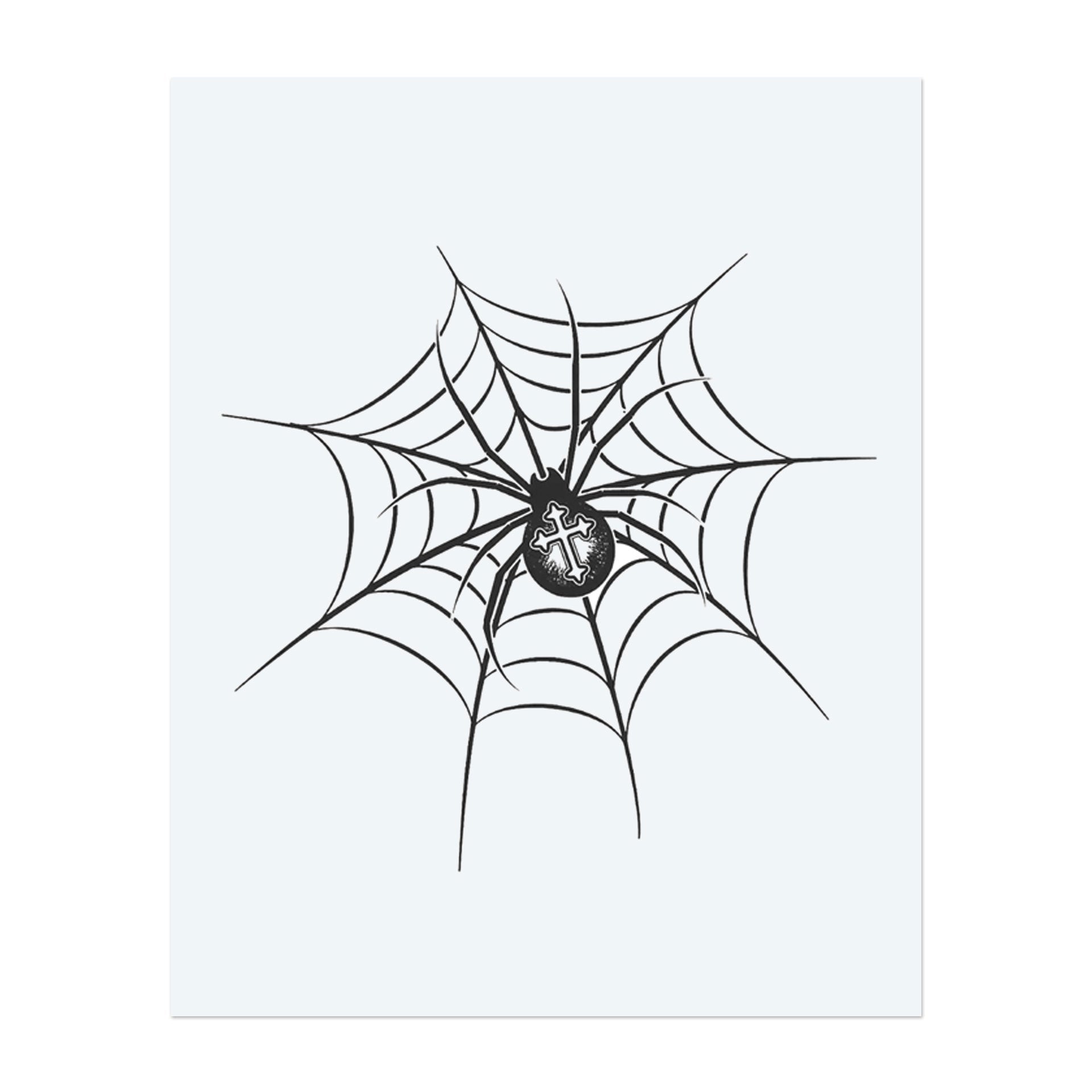 A striking black spider rests at the center of an intricate web. Its abdomen is marked with a distinctive Gothic cross. This temporary tattoo combines eerie elegance with symbolic clarity, perfect for a mysterious and bold statement.