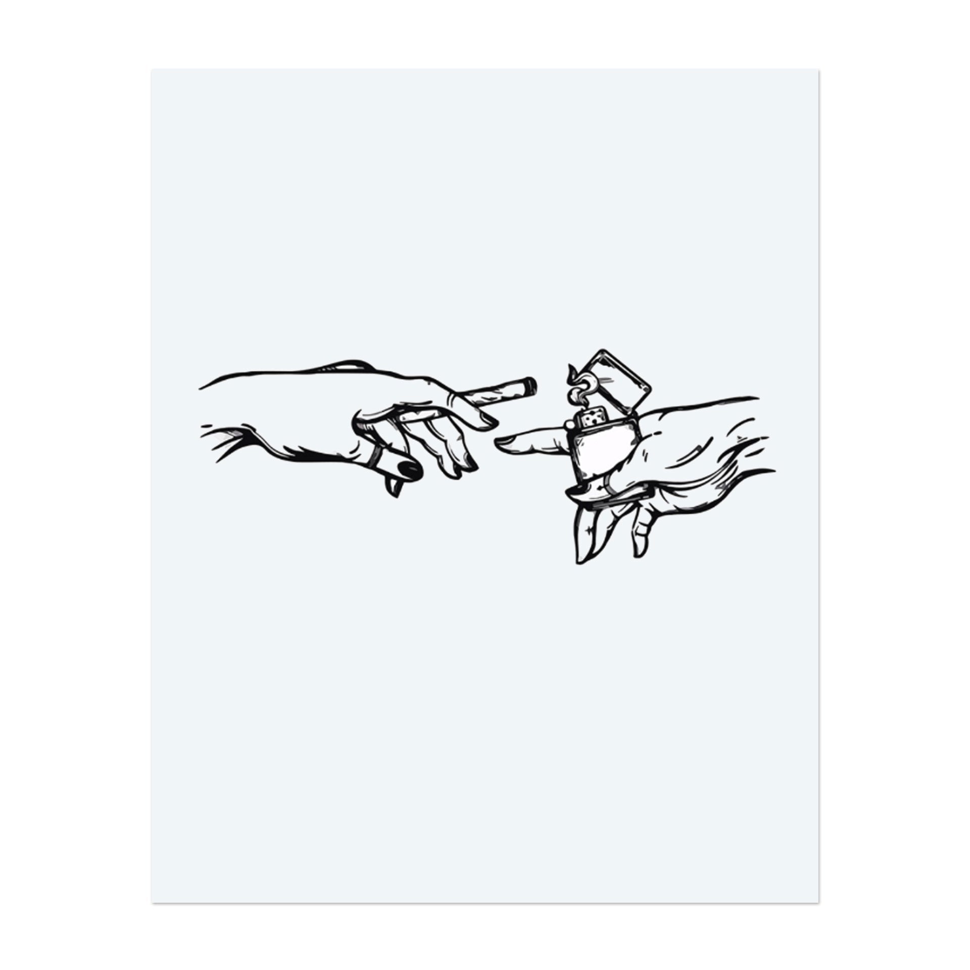 Two hands reach out—one holding a cigarette, the other a lit lighter—embodying a modern interpretation of a classic artistic gesture. Clean lines and bold simplicity give this design an elegant, cutting-edge look.</span></p>