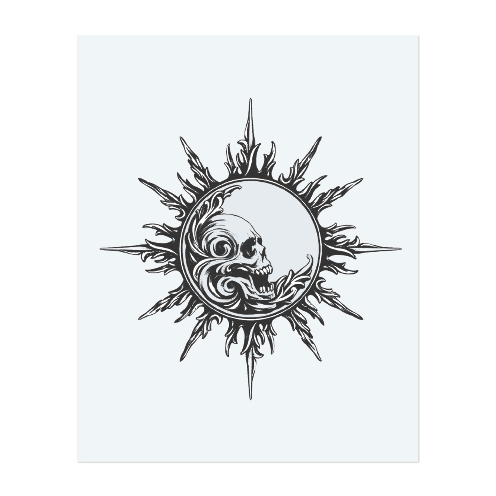 Surrounded by stylized, blazing flames, a grinning skull rises from swirling gothic motifs. This temporary tattoo radiates dark energy and power, combining solar symbolism with a captivating baroque touch.