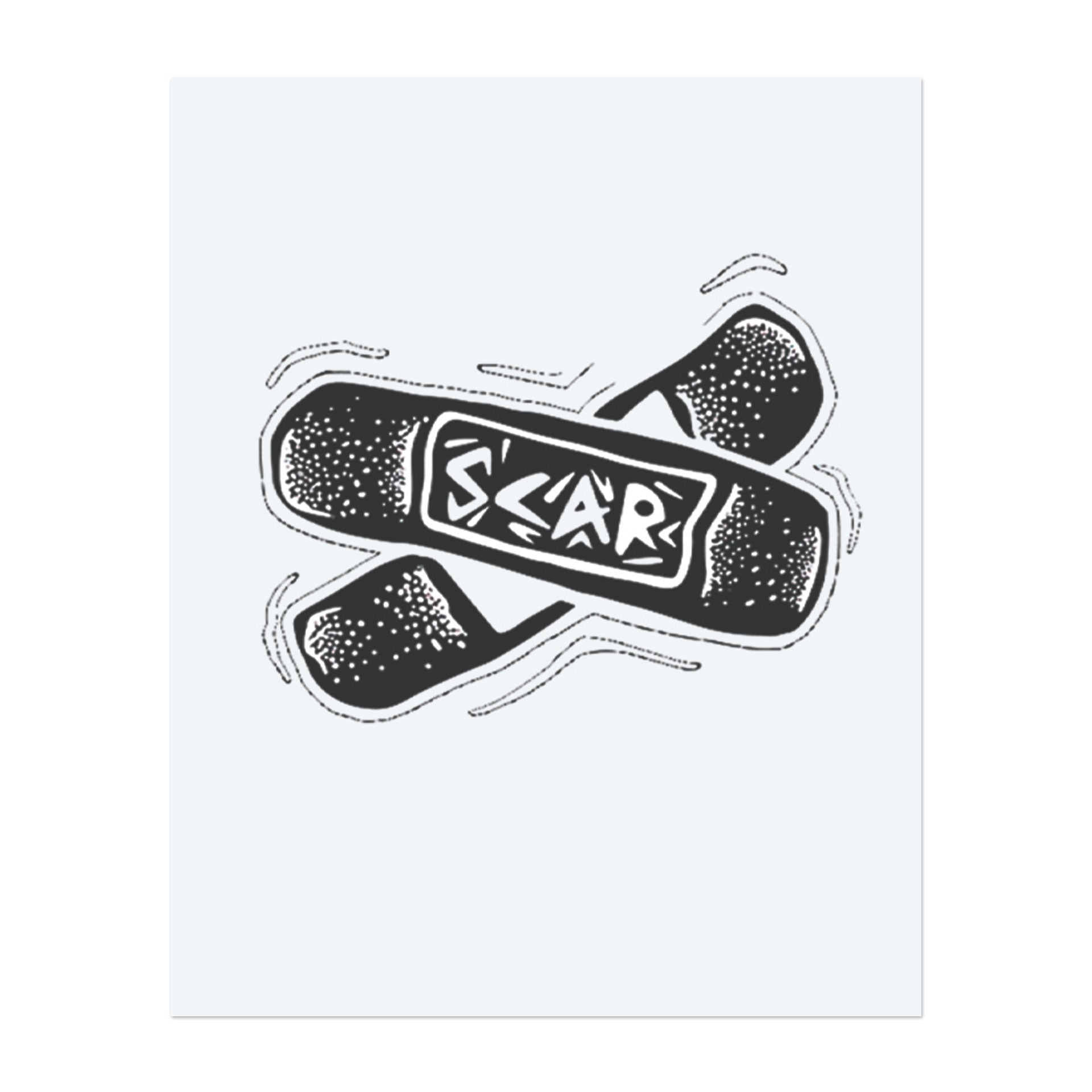 Two overlapping bandages form an "X" with the word "SCAR" clearly visible in the center. This playful yet expressive temporary tattoo combines comic-like shading with a bold message of healing and strength through imperfection.</span></p>