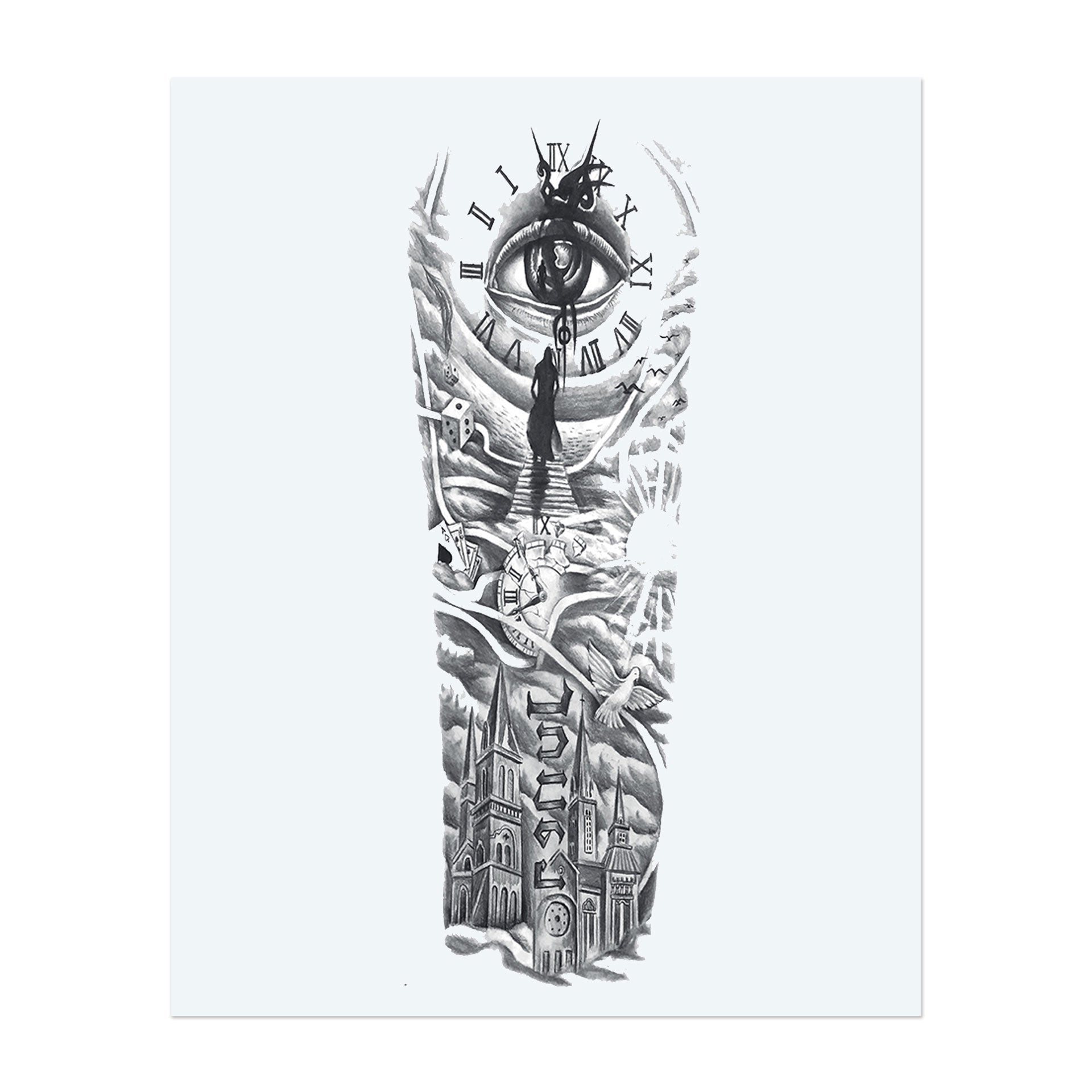 A surreal journey begins with a solitary figure climbing clockwork-like steps toward an all-seeing eye. Surrounded by dice, doves, and spiral clocks above a Gothic cathedral, this tattoo addresses fate, divine providence, and the spiritual burden of passing time.