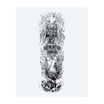An imposing vertical scene unfolds with figures of praying angels, a cross decorated with roses and dog tags, and a fierce archangel descending with a sword. This tattoo embodies themes such as sacrifice, divine power, and heavenly justice in breathtaking blackwork.