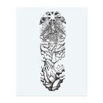 An angel with a staff soars amid radiant rays and billowing clouds, crowned by a starry sky. Below, hands clasped in prayer and a flying dove symbolize peace and devotion. This tattoo embodies spiritual grandeur and divine serenity in a classic and reverent style.
