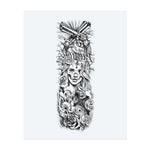 A bold blend of Chicano art, this tattoo depicts a smiling Calavera woman beneath crossed pistols, surrounded by roses, letters, and religious iconography. It tells a story of strength, struggle, and cultural pride with rich and obscure details.